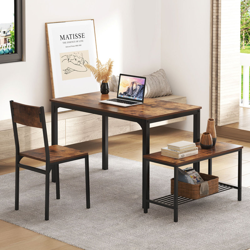 Pickell 4-Person Dining Table Set, 2 Chairs With Backrest,2-Person Bench With Storage Rack, Rustic Brown