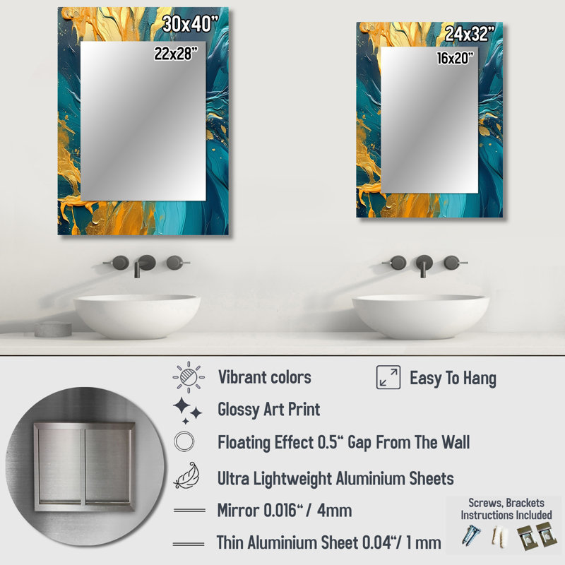Golden Sunshine In Deep Blue Ocean Abstract I - Abstract Painting Unique Wall Mirror, Gold Mirror, Printed Metal Art