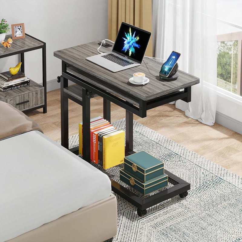 Bureau portatif réglable de 28 à 39,3 po de hauteur avec prise de courant et ports USB, table d'appoint roulante en forme de C