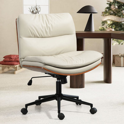 Wide PU Leather Armless Office Desk Chair with Wheels, Cross Legged Office Task Chair Conference Chair by George Oliver
