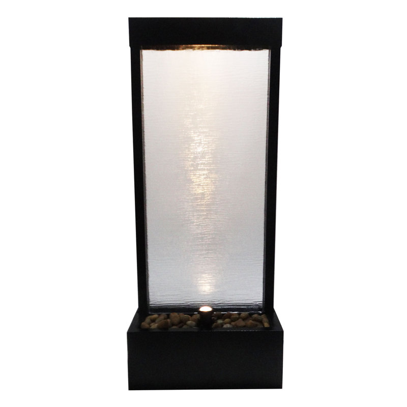 48" Indoor Outdoor Waterfall Fountain With Led Light – Modern Glass & Aluminum Black Wall Water Feature For Home, Patio, Garden Decor – Soothing Cascading Indoor Water Fountain