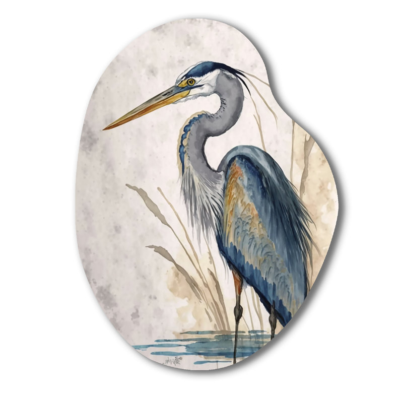 «Heron By The Waterside Watercolor II», art mural en forme de poire héron animaux, H 38 po x l 28 po