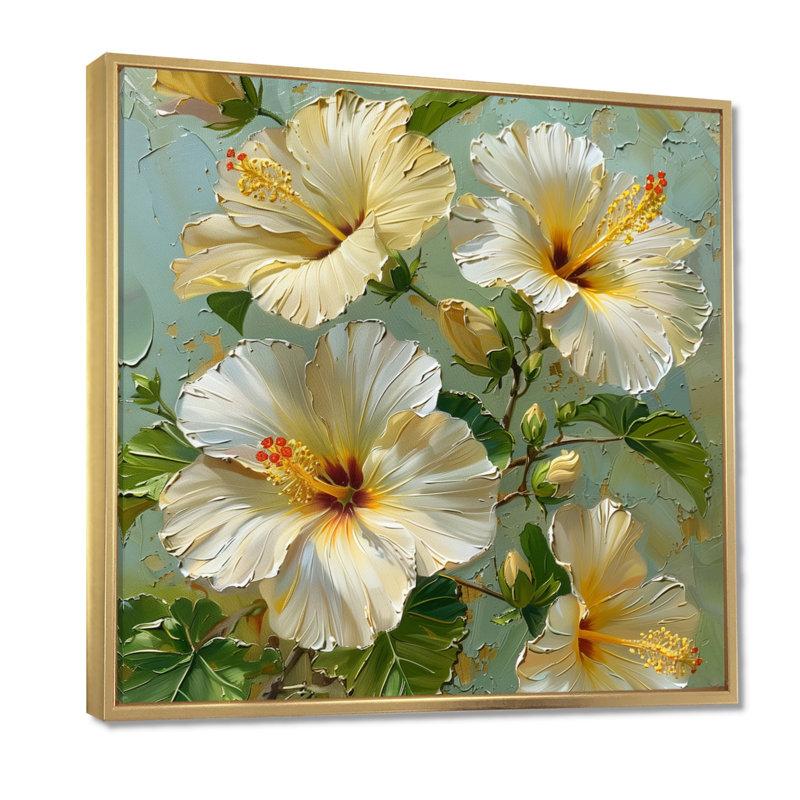 Hibiscus blanc et vert, Toile avec cadre flottant or, H 16 po x l 16 po x P 1 po