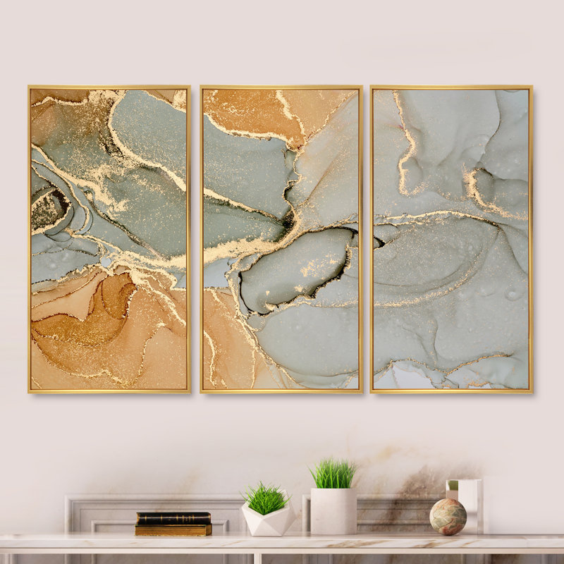 "Brown Luxury Abstract Fluid Art VI", 3 pièces, cadre flottant, impression sur toile, H 32 po x l 48 po, Or
