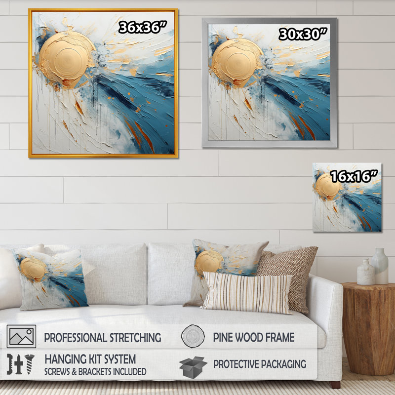 Peinture cosmique dorée et bleue - Décoration murale abstraite, Cadre doré simple, H 36 po x l 36 po x P 1,5 po