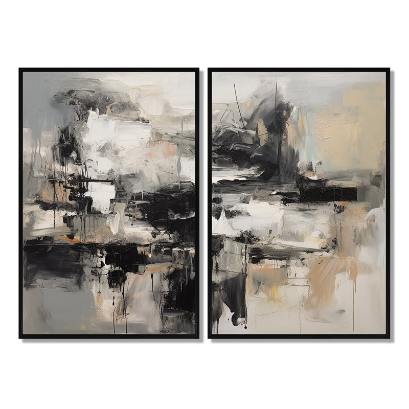 Gris et noir monde intérieur de marbre II - Décoration murale géométrique abstraite 2 pièces, 36'' H x 48'' W, Black