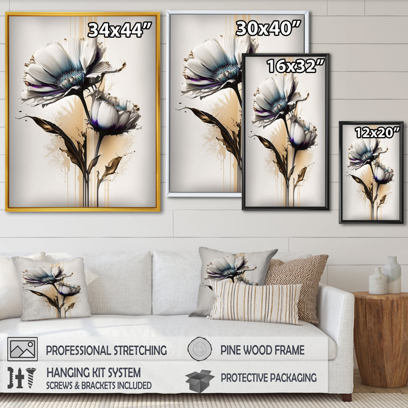 Marguerite blanche sur une peinture beige doré - impression sur toile, H 44 po x l 34 po x P 1,5 po, Cadre flottant noir