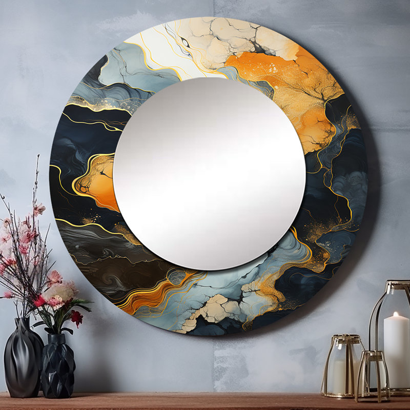 Sayd, méandres, rivière, voyage sans fin V - jaune, miroir décoratif mural, grand miroir rond traditionnel, impression d'art en métal