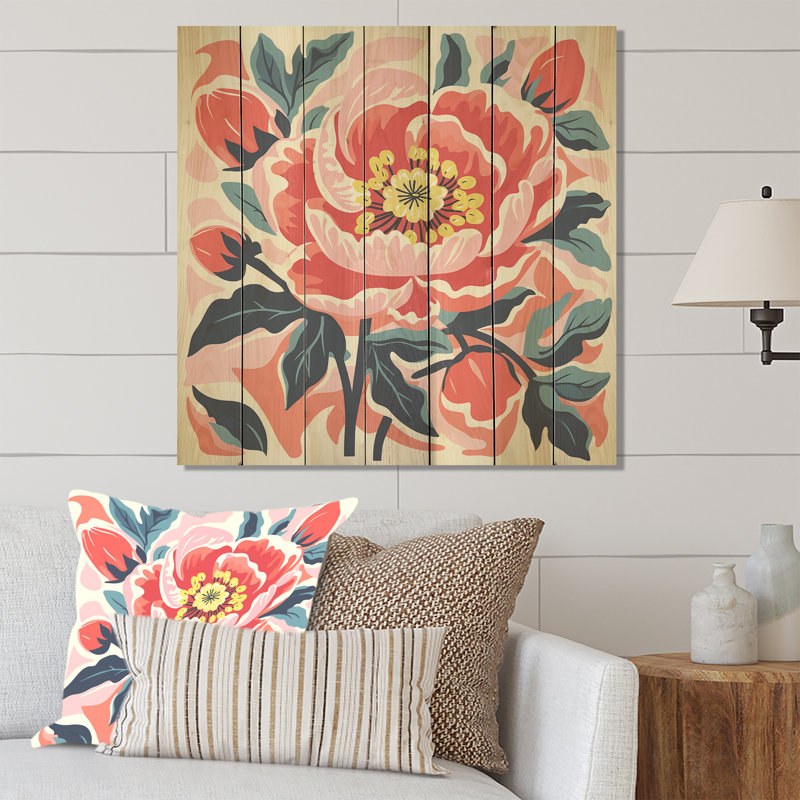 Pivoine rose et verte de style matisse - Pivoine sur bois, H 25 po x l 25 po