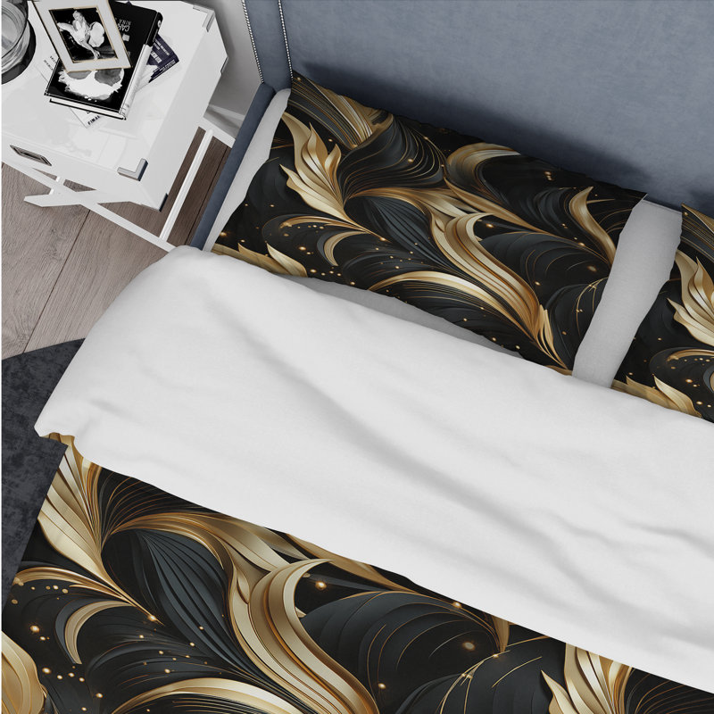 Ensemble de housse de couette en marbre Midnight Charm Gold And Black III, Housse de couette pour grand lit et 2 taies décor