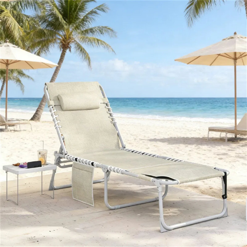 Chaise de plage avec trous pour le visage et les accoudoirs, chaise de patio réglable à 5 positions avec appui-tête, Blanc