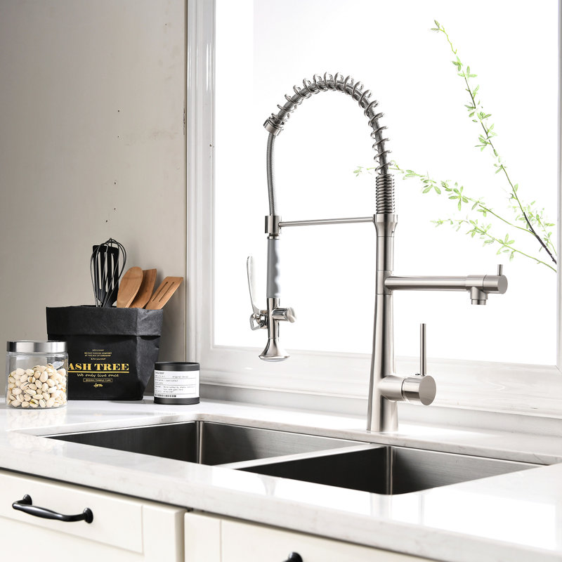 High Arc Kitchen Faucet With Pull Down Spring Spout And Ceramic Disk In Brushed Nickel 360 Degree Rotation Pre-Rinse For Sink