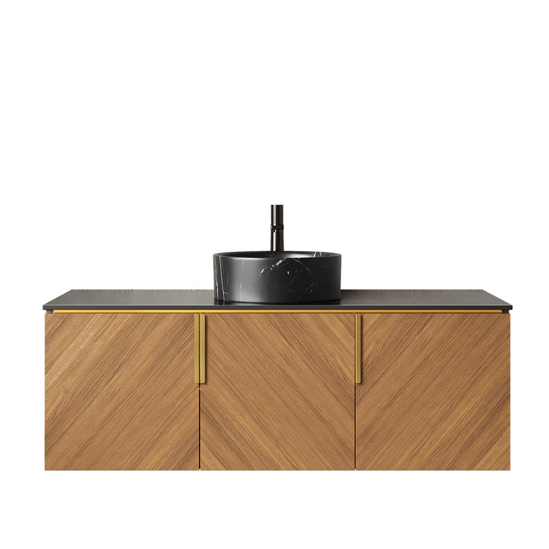 Meuble-lavabo mural 48 po avec lavabo, comptoir en pierre frittée et 3 portes Becklin, Black Round, 48"