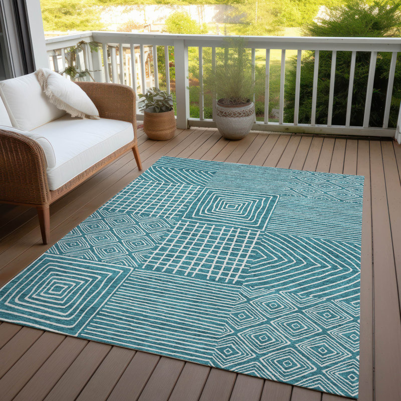 Teal Geometric Pattern Washable Synthetic Area Rug