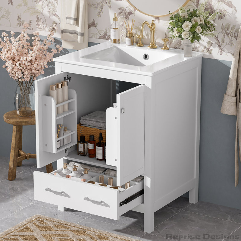 Meuble-lavabo de 24 po avec lavabo Comprend une tablette de porte à double couche, conception à fermeture en douceur, Blanc
