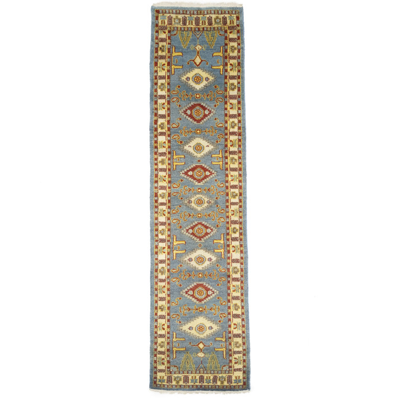 Tapis de couloir oriental bleu et gris 3 x 10 Kazak