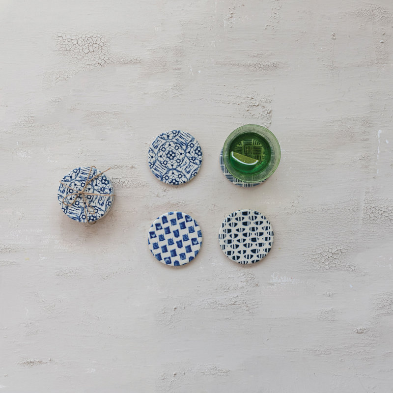 4-Piece Round Stoneware Coasters With Pattern