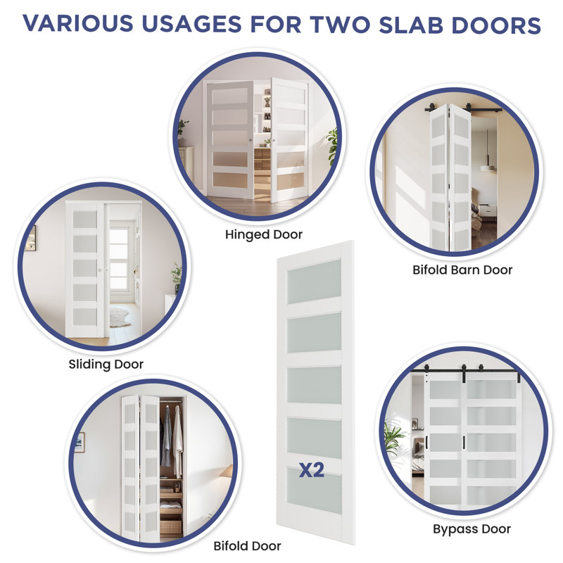 28 in. x 80 in. White 5-Lite Frosted Glass MDF Prehung Door