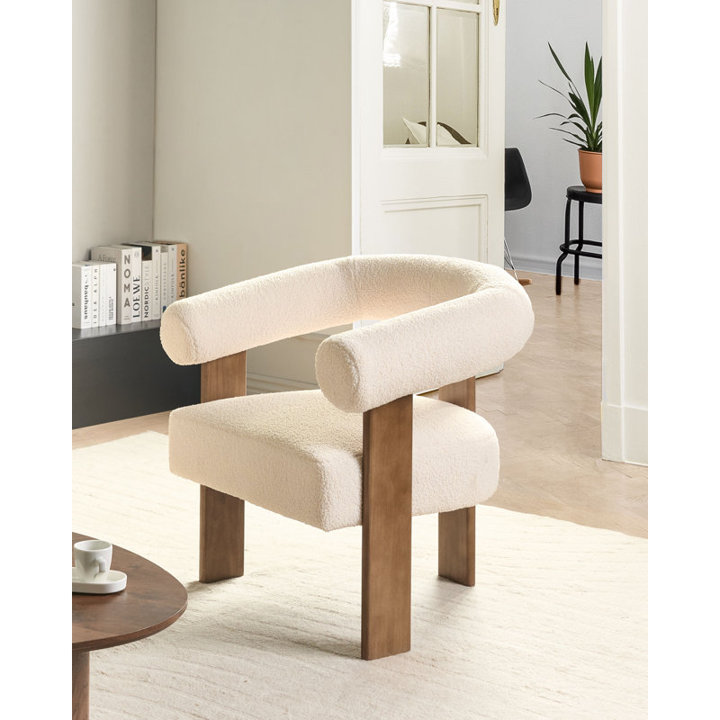 Upholstered Armchair, Dark Brown Wood, White