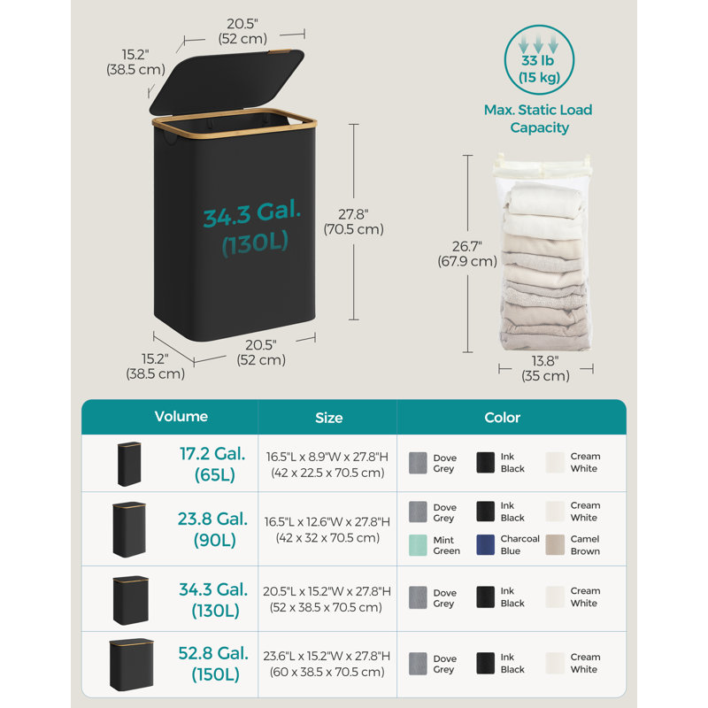 Laundry Hamper with Handles, Ink Black