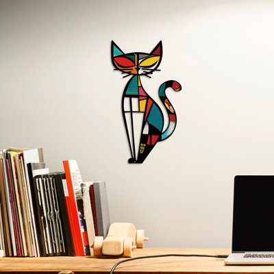 Cat Metal Wall Decor, Iron Wall Hanging for Cat Lovers, Colorful Mid-Century Geometric Retro Wall Sculpture for Living Room Bedroom Kitchen Office, 13.77 x 9.84 in