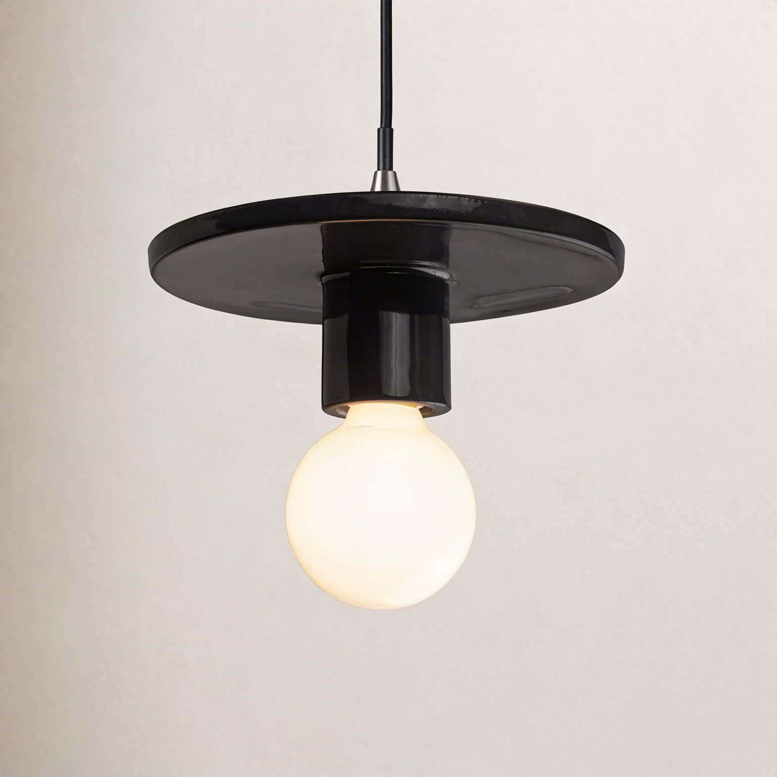 Leni Single Light Ceramic Dimmable Pendant, Gloss Black, Brushed Nickel