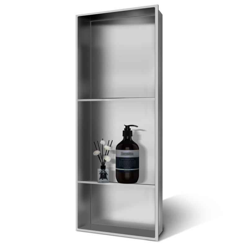 13 In. W X 31 In. H X 4 In. D Bathroom Shower Niche Double Shelf Niche Over Mount Installation, Brushed Nickel