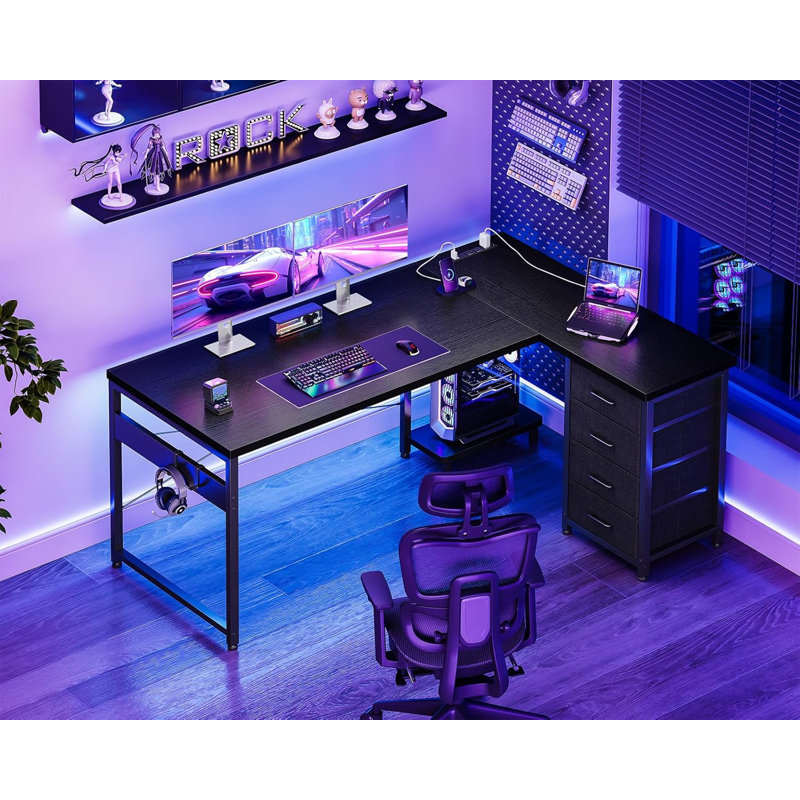 Bureau de jeu en L réversible avec 4 tiroirs, prises de courant et port de charge USB, bureau d'ordinateur en coin avec support pour bureau personnel, noir