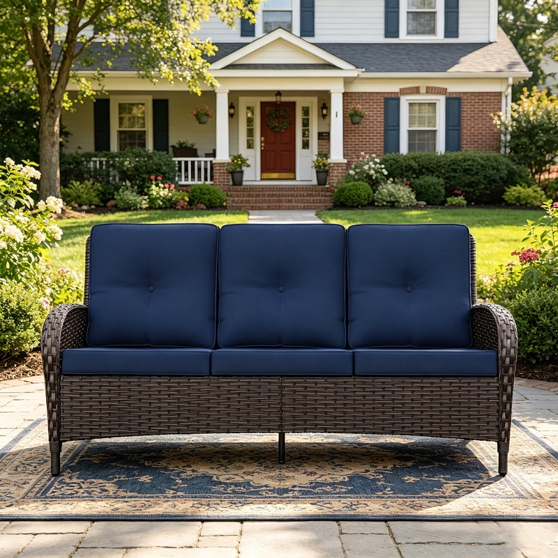 Outdoor Wicker Patio Sofa with Weather-Resistant Cushions | All-Weather Rattan Outdoor Furniture, Blue