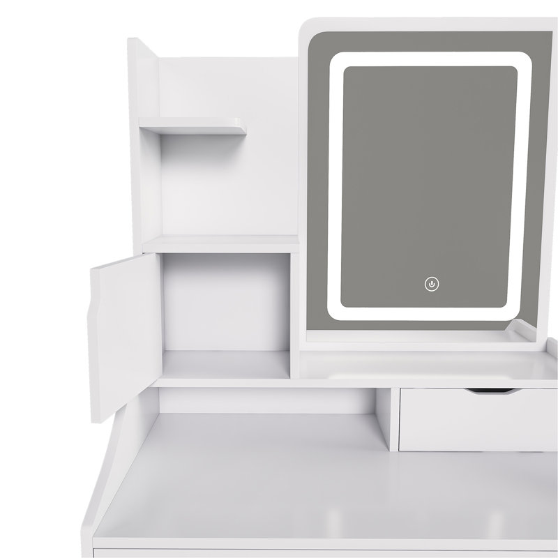 Miroir de salle de bain 3 lumières DEL avec tabouret, coiffeuse pour chambre à coucher, 2 tiroirs et 5 armoires de rangement (4 ouvertes + 1 cachée), éclairage réglable (blanc)