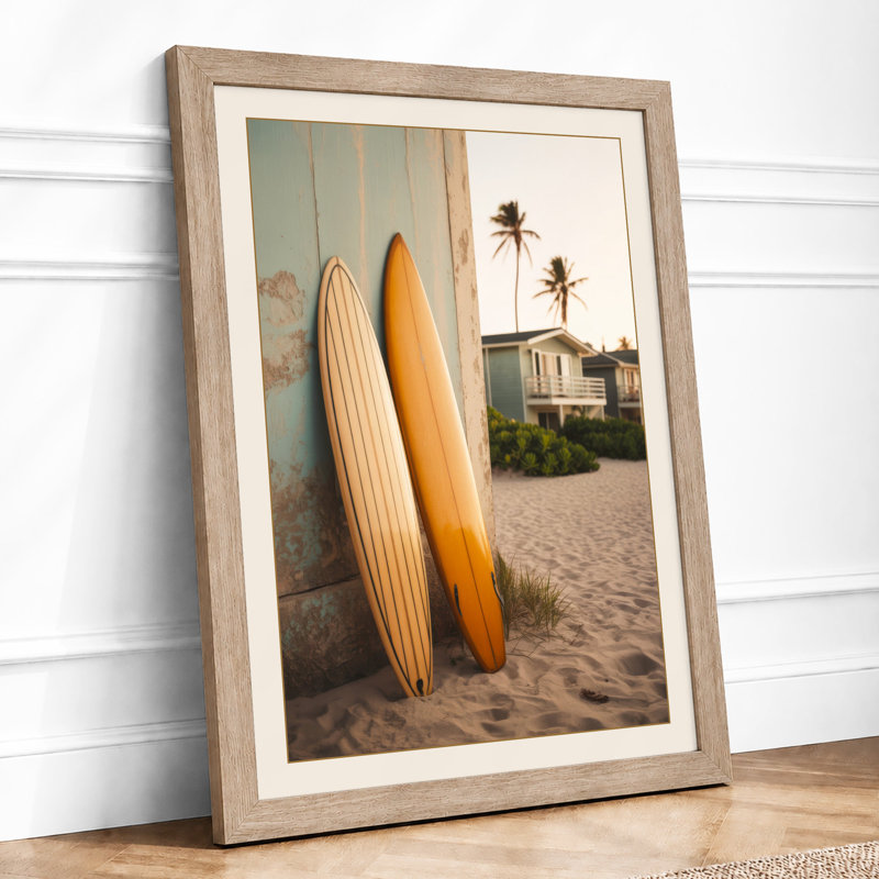 Surfboards on Turquoise Coastal - Framed Print, A2 - 59.4 x 42.0 cm, Oak