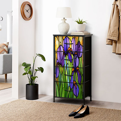 Commode pour commode de chambre à coucher Commode vitrail taillé à la main mauve vert bleu Feuilles à motifs floraux Commodes et commodes de rangement en tissu avec bacs de rangement à 4 tiroirs