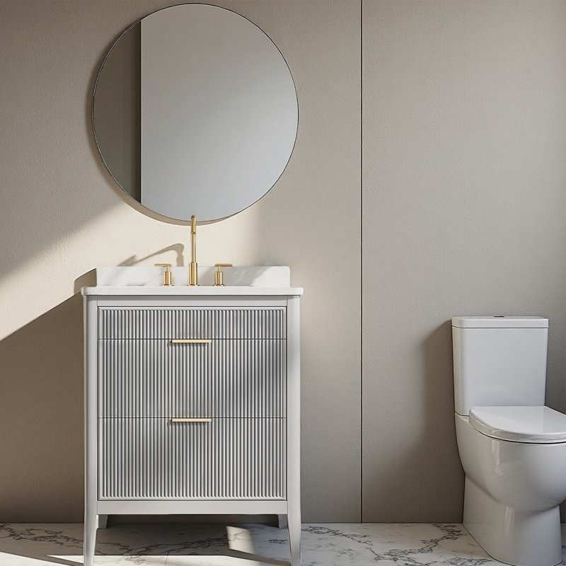 Ensemble de meuble-lavabo autoportant 30 po avec 2 ensembles de poignées et plateau en marbre d'ingénierie entièrement assemblé