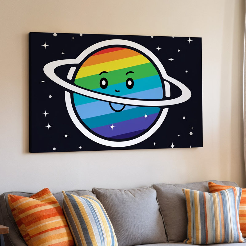 Toile, création d'une illustration fantaisiste d'une planète colorée, H 9 po x l 12 po