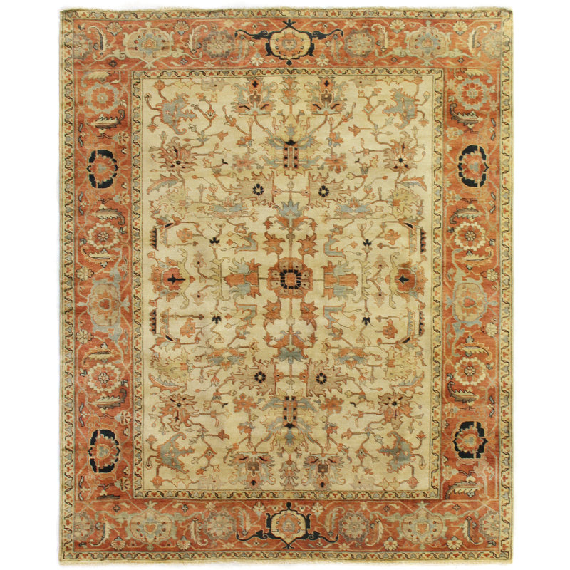 Antique Weave Serapi Oriental Hand-Knotted Wool Area Rug in Beige/Red/Light Blue, Rectangle 9' x 12'