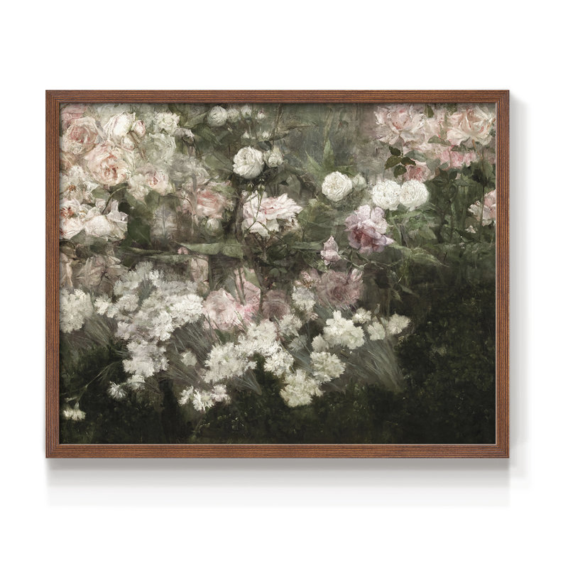 Motif floral rétro - XXI - reproduction encadrée, H 22 po x l 28 po, Noyer