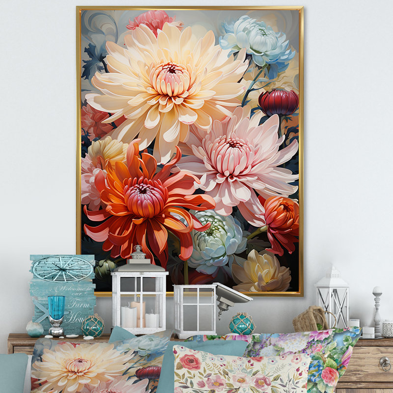 Mums Organic Flow Curved Stems - Art mural sur toile, "Mums", H 32 po x l 24 po x P 1 po, Cadre flottant blanc