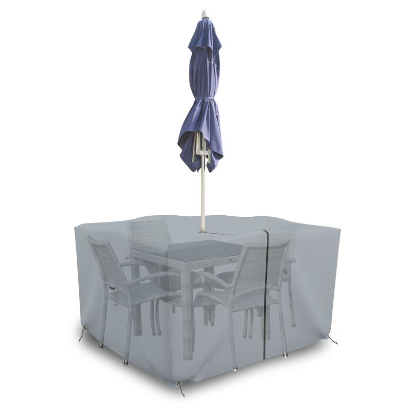 Housse pour ensemble de table et chaises d'extérieur carrée avec trou pour parasol, H 30 po x l 70 po x P 70 po, Gris clair