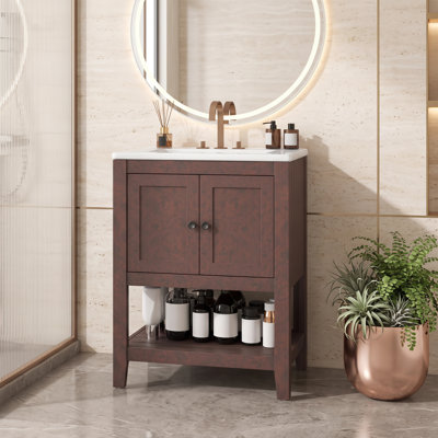 Meuble-lavabo moderne de 24 po avec lavabo en céramique lisse, cadre en bois massif et tablette ouverte