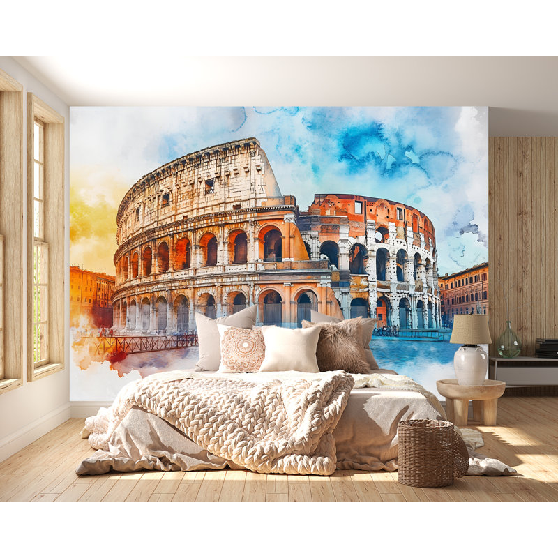 Papier peint Rome Colosseum - aquarelle, Italie antique, fond d'écran Vn925 (Peel-N-Stick) VN925, L 145 po x l 100 po