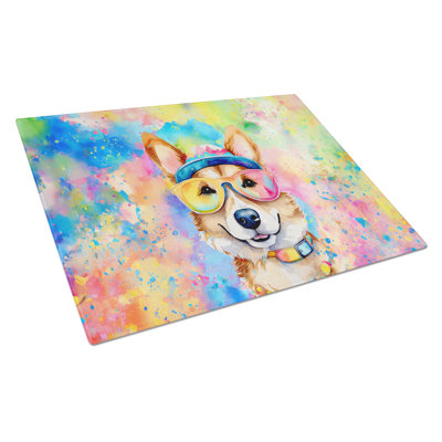 Corgi Hippie Dawg Glass Cutting Board Large