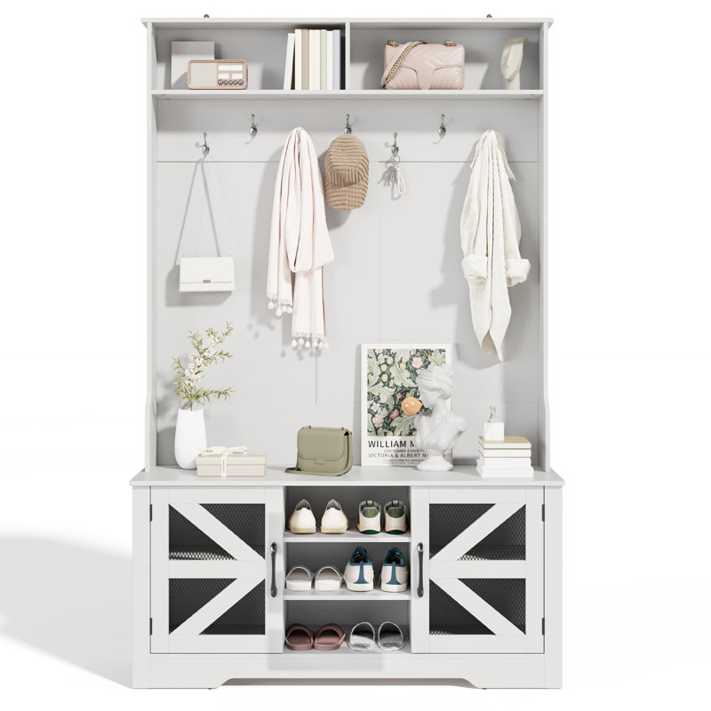 Beitske 5-in-1 Hall Tree with Storage Bench and Barn Doors, Retro Entryway Organizer with Coat Rack, Shoe Cubbies, Hooks & Upper Shelf for Foyer or Mudroom