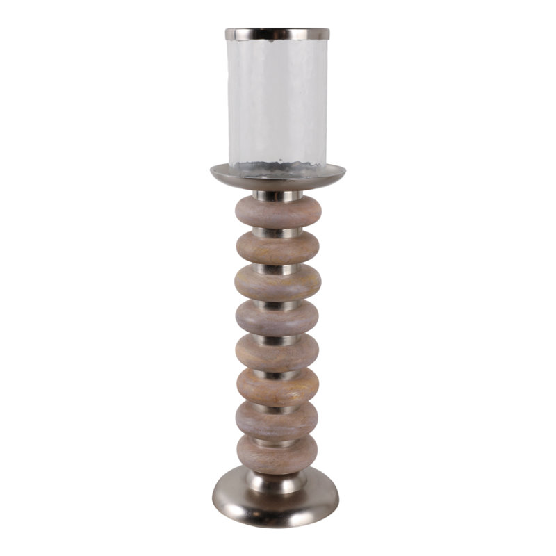 Wood and Metal Pillar Candle Holder with Stacked Ring Design, 20" H x 6" W x 6" D