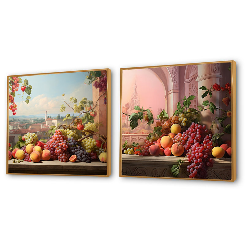 Ensemble de 2 collages carrés de fruits, Cadre flottant doré, H 30 po x l 61 po