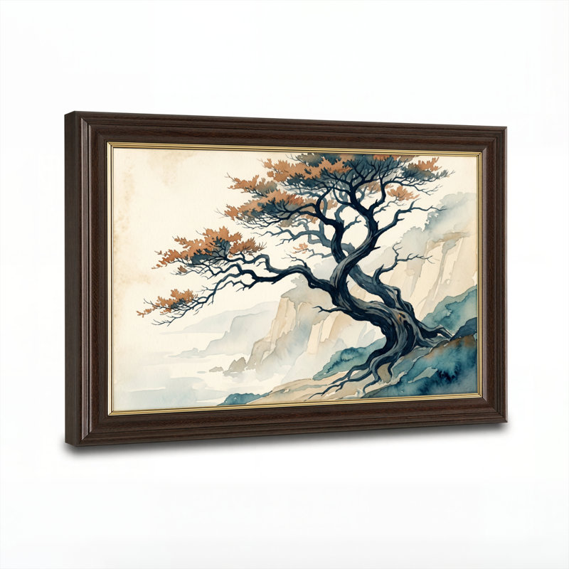 Art mural antique sur toile encadré doré pour le salon, la chambre à coucher, le bureau ou le vestibule - décoration murale décorative avec arbre de montagne