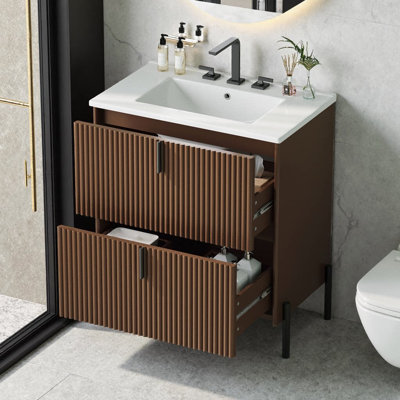 Meuble-lavabo cannelé 30 po avec lavabo en céramique - Tiroirs à fermeture en douceur à extension complète avec rangement cloisonné