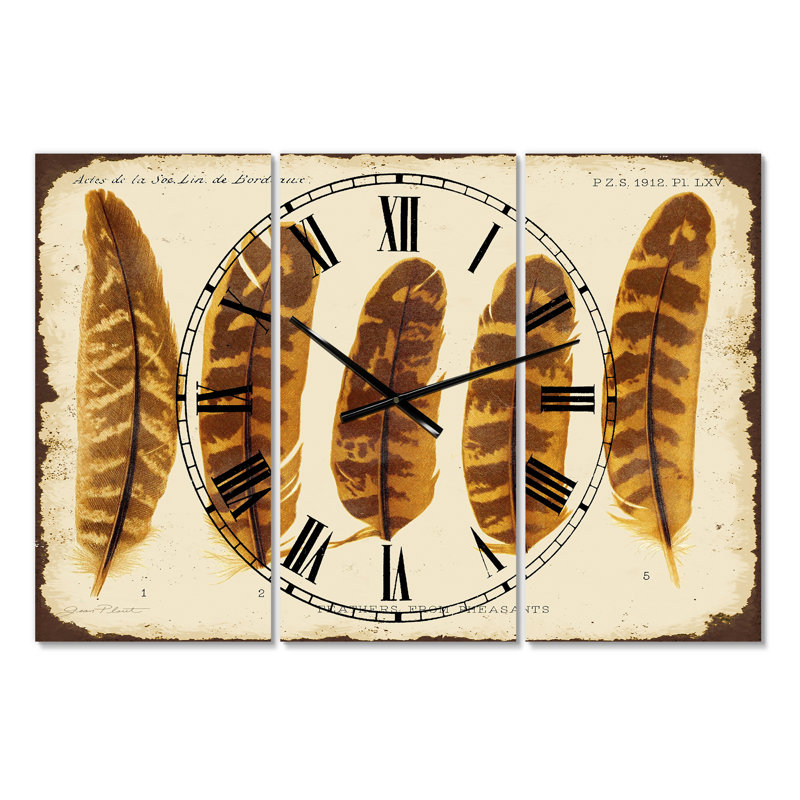 Horloge murale cinq panneaux cinq plumes de faisan