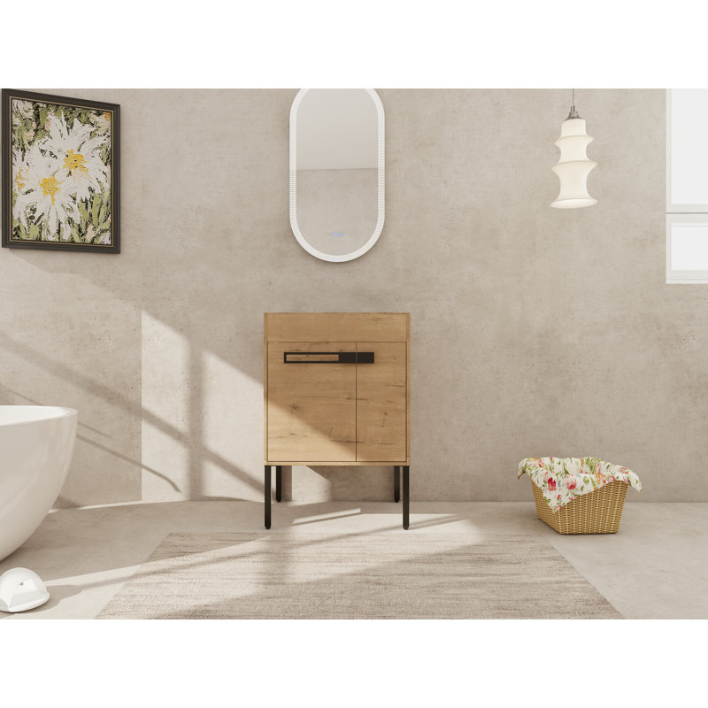 Armoire de meuble-lavabo autoportant ou mural 24 po, 2 portes à fermeture douce, tablette réglable, contreplaqué, finition chêne imitation, aucun évier inclus