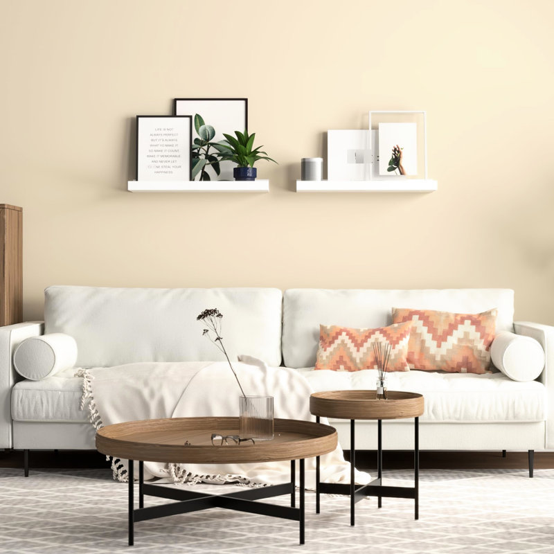 White Modern Floating Shelves (2). Engineered Wood Manufactured, 20 Lbs Holding Power. Elevate Your Room Decor. Easy Installation Directions Supplied. Show Valuables 2 For Wall. Construction, Holds