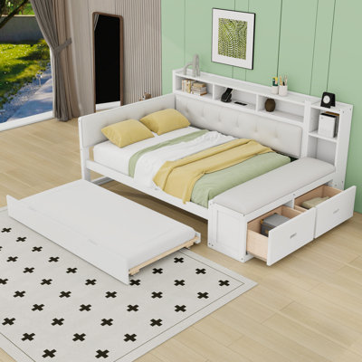 Daybed with Trundle, Storage Shelves, Bench and  Charging Station